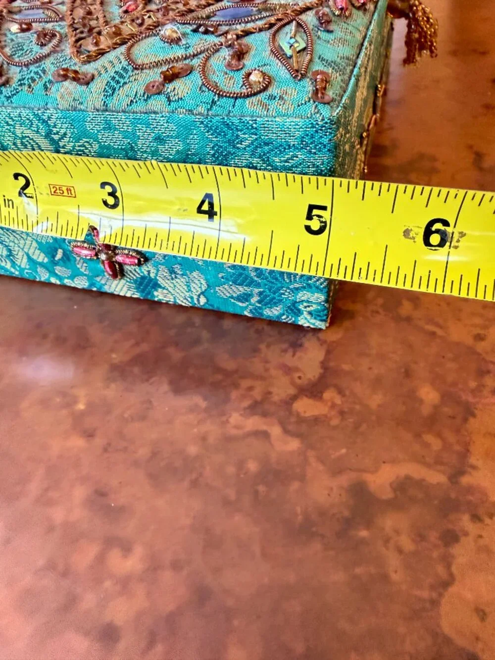 Turquoise Beaded Embroidered Jewelry Box Mirror Trinket Case 7.5 x 5 x 2.5